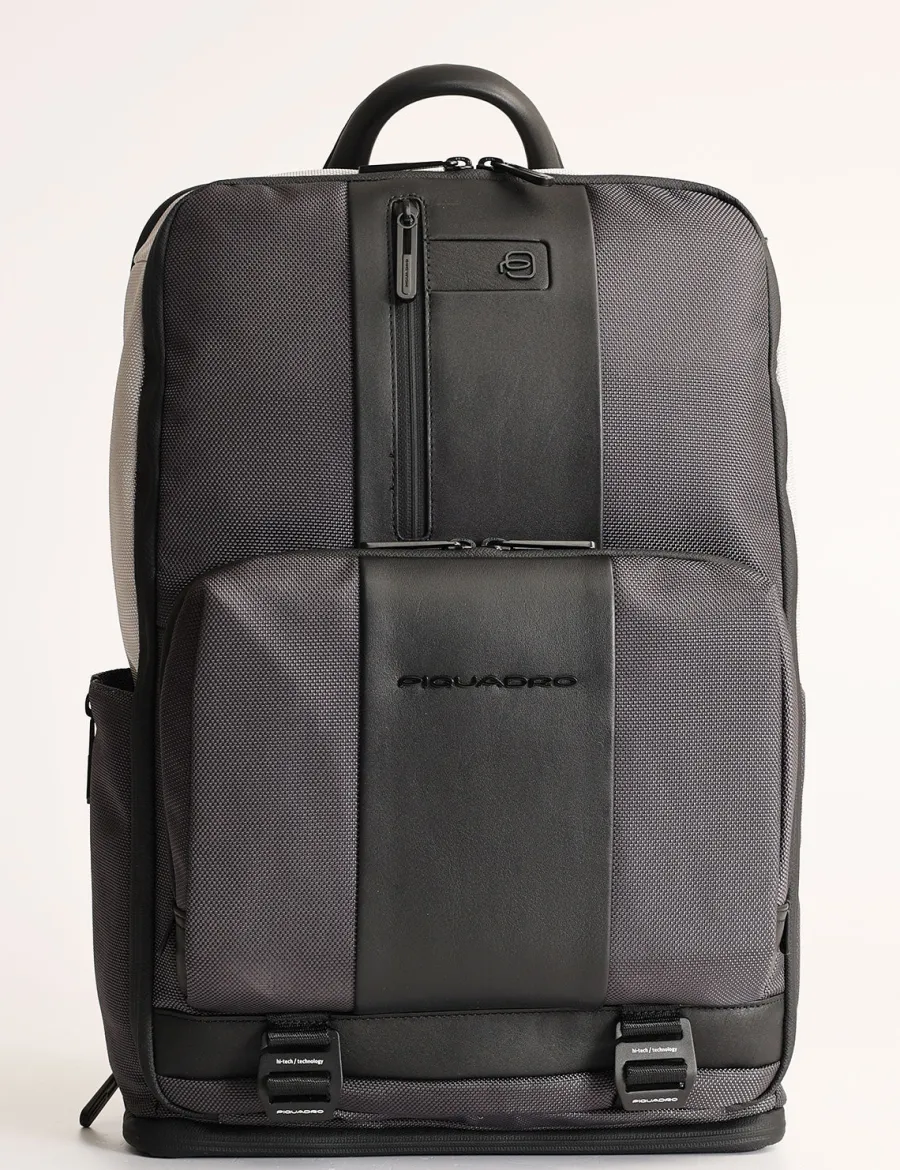Hot Scalia Group Piquadro Brief travel backpack for 15" laptop in leather and fabric Grigio/Nero