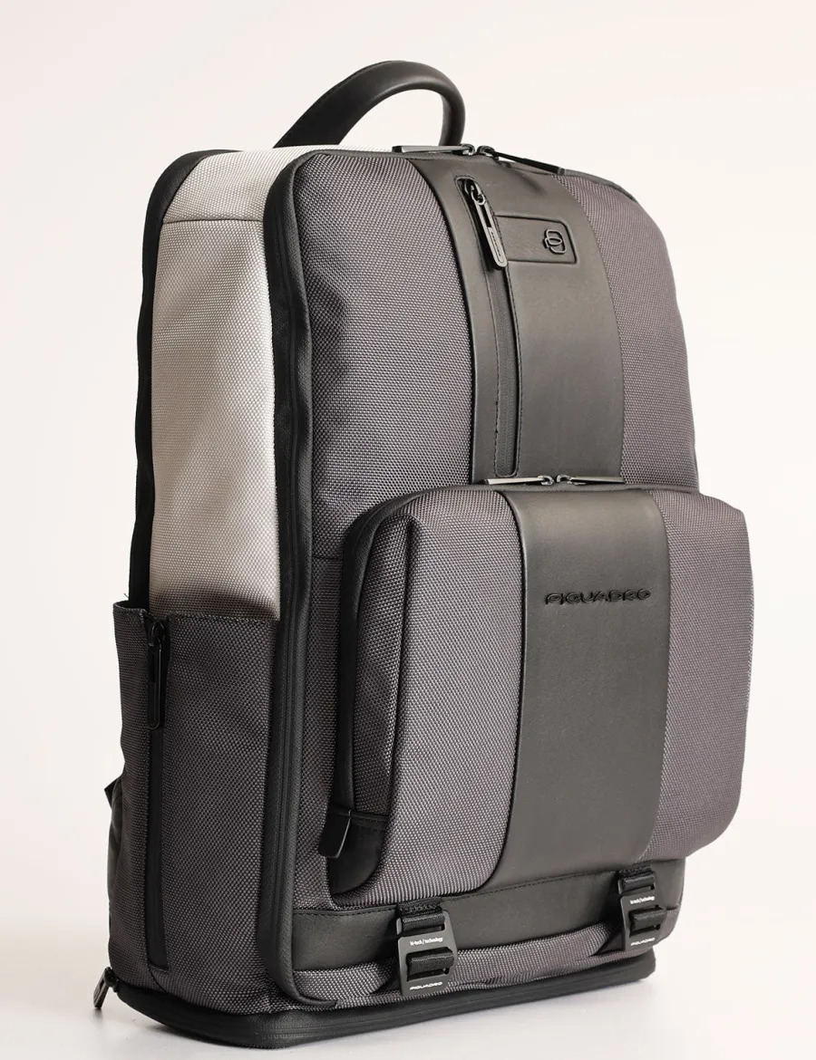 Hot Scalia Group Piquadro Brief travel backpack for 15" laptop in leather and fabric Grigio/Nero