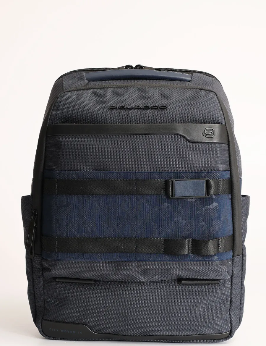 Outlet Scalia Group Piquadro FX medium backpack for 14'' laptop in leather and fabric BLU