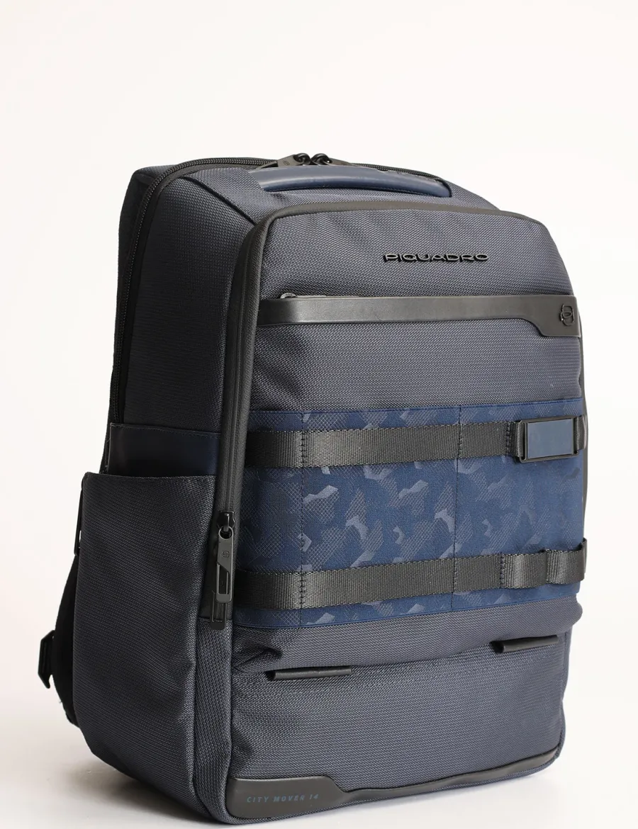 Outlet Scalia Group Piquadro FX medium backpack for 14'' laptop in leather and fabric BLU